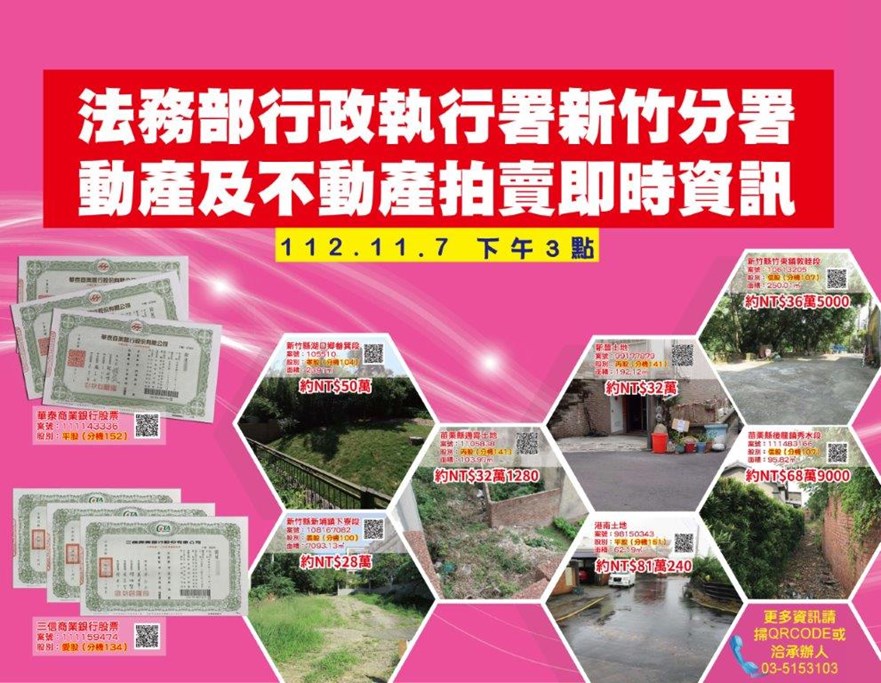 112年11月份法務部行政執行署新竹分署動產及不動產拍賣即時資訊及清冊