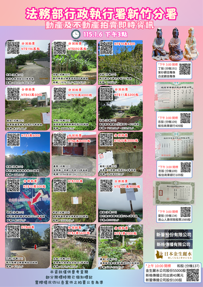 法務部行政執行署新竹分署動產及不動產拍賣即時資訊