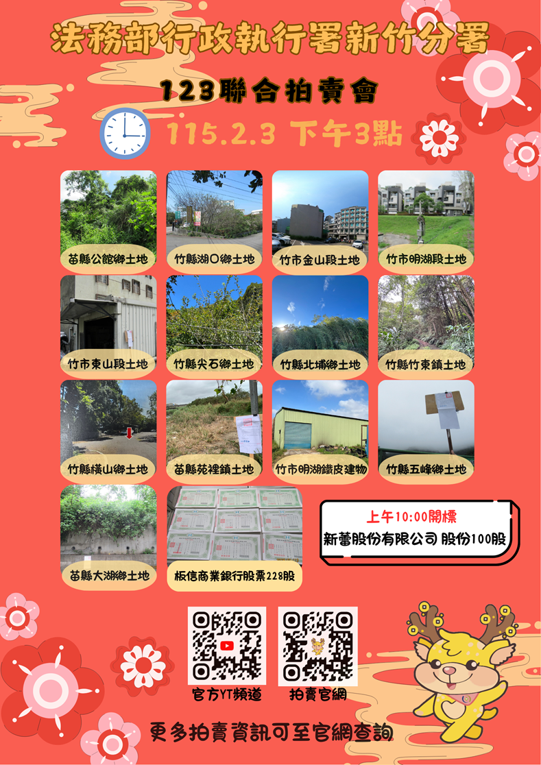 115年2月份法務部行政執行署新竹分署動產及不動產拍賣即時資訊
